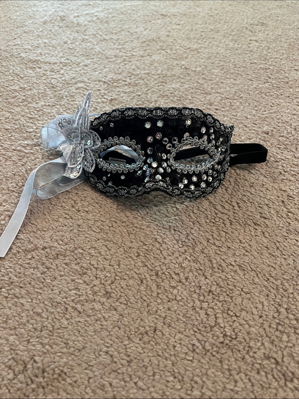 Black and Silver Beaded Masquerade Eye Mask with Ribbon Accent